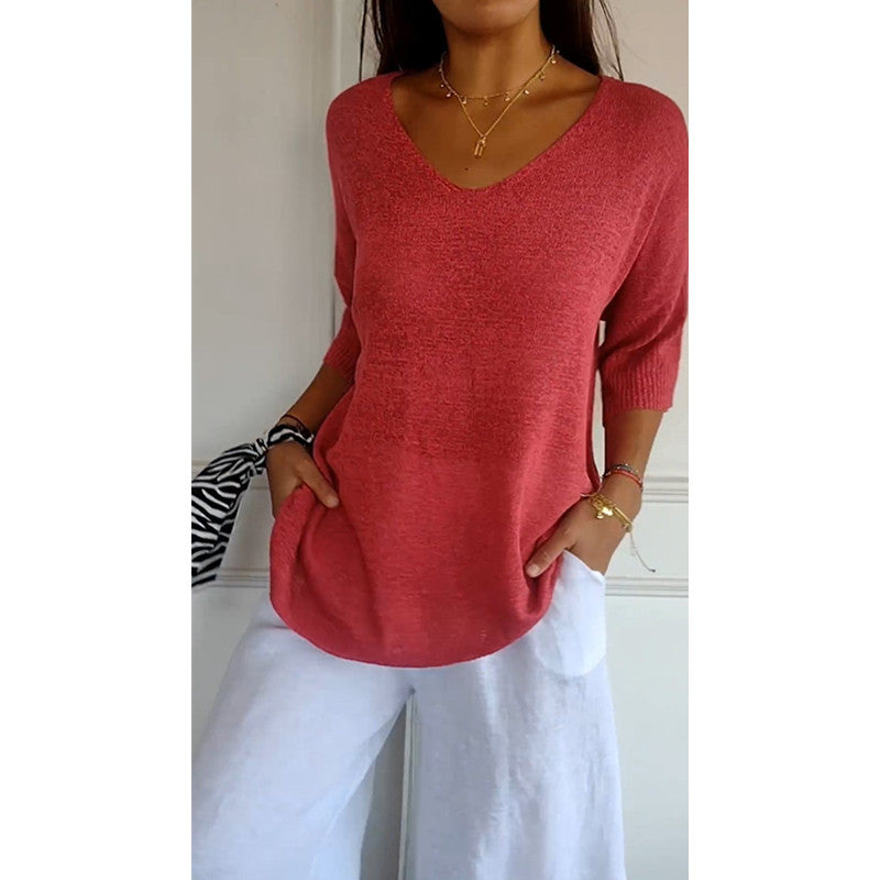 💖Limited Sale 50% OFF💖Solid Color Knitted V-neck Top