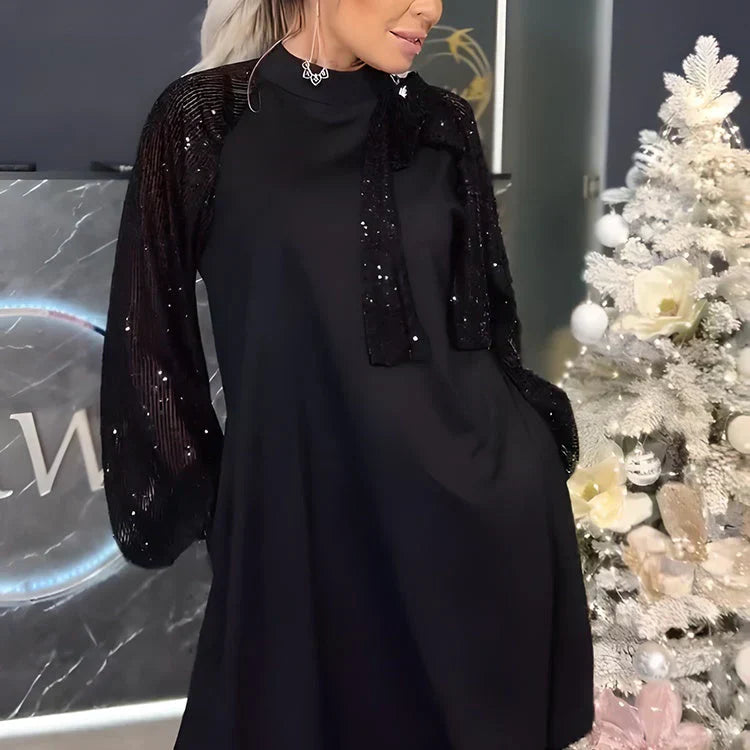 💖Limited Sale 71% OFF💖👗Women's Sequin Patchwork Tie Neck Dress