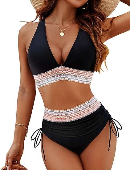 💃Holiday offer 57% OFF💃High Waisted Tummy Control Colour Block Bikini Sets - Flattering & Stylish for Summer Confidence