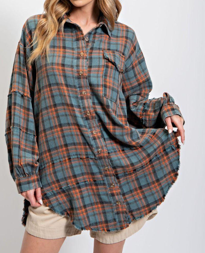 🔥LAST DAY SALE 49% OFF🔥Women's Mineral Washed Button Down Plaid Shirt
