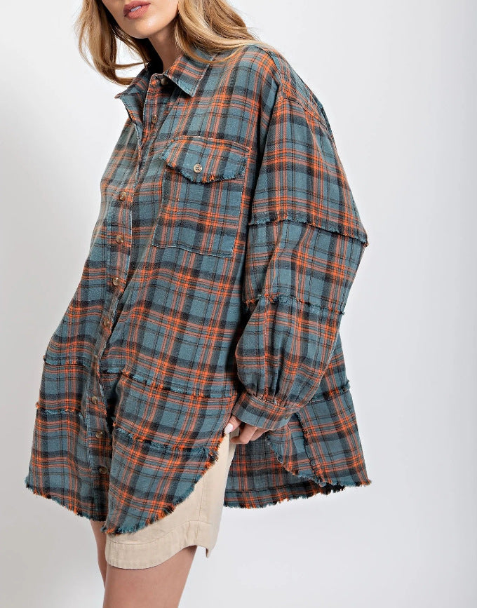 🔥LAST DAY SALE 49% OFF🔥Women's Mineral Washed Button Down Plaid Shirt