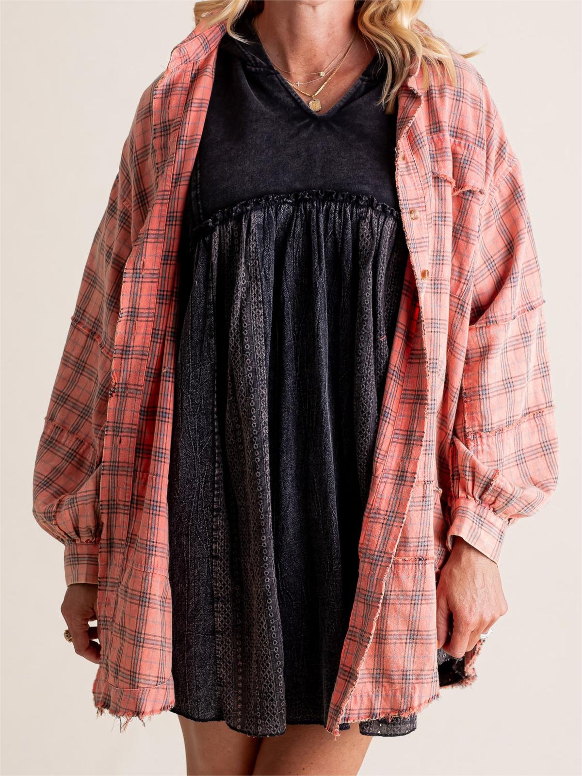🔥LAST DAY SALE 49% OFF🔥Women's Mineral Washed Button Down Plaid Shirt