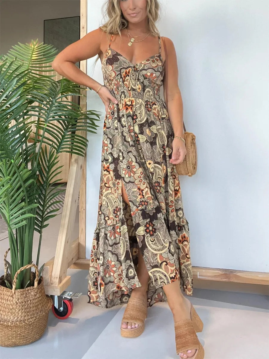 💖Limited Sale 50% OFF💖Women’s Sexy Spaghetti Strap Floral Print Long Dress