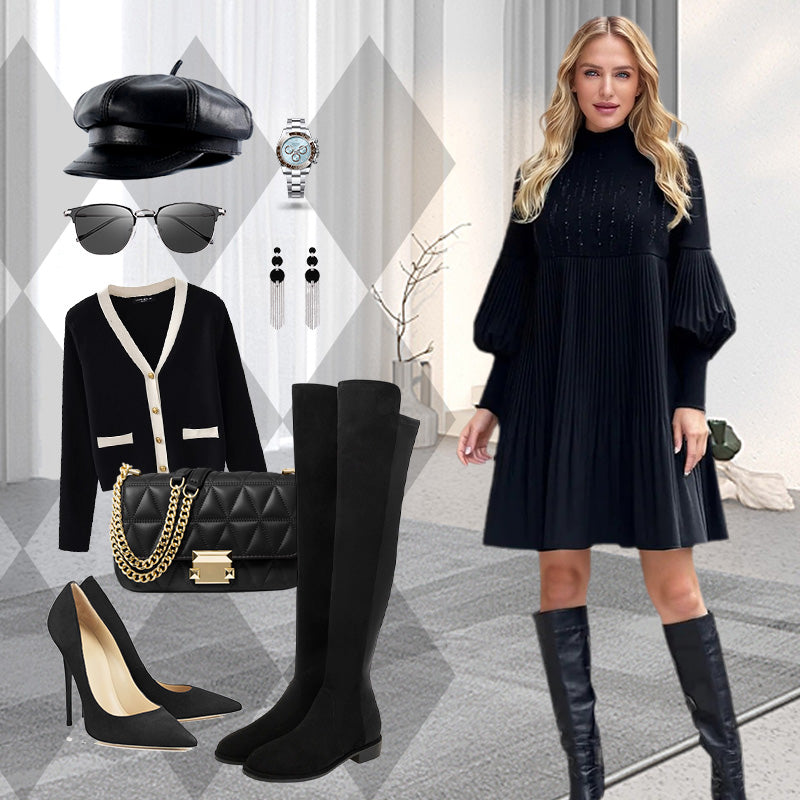 🥰HOT SALE 🥰Women's Plus Size Lantern Sleeve Stand Collar Dress