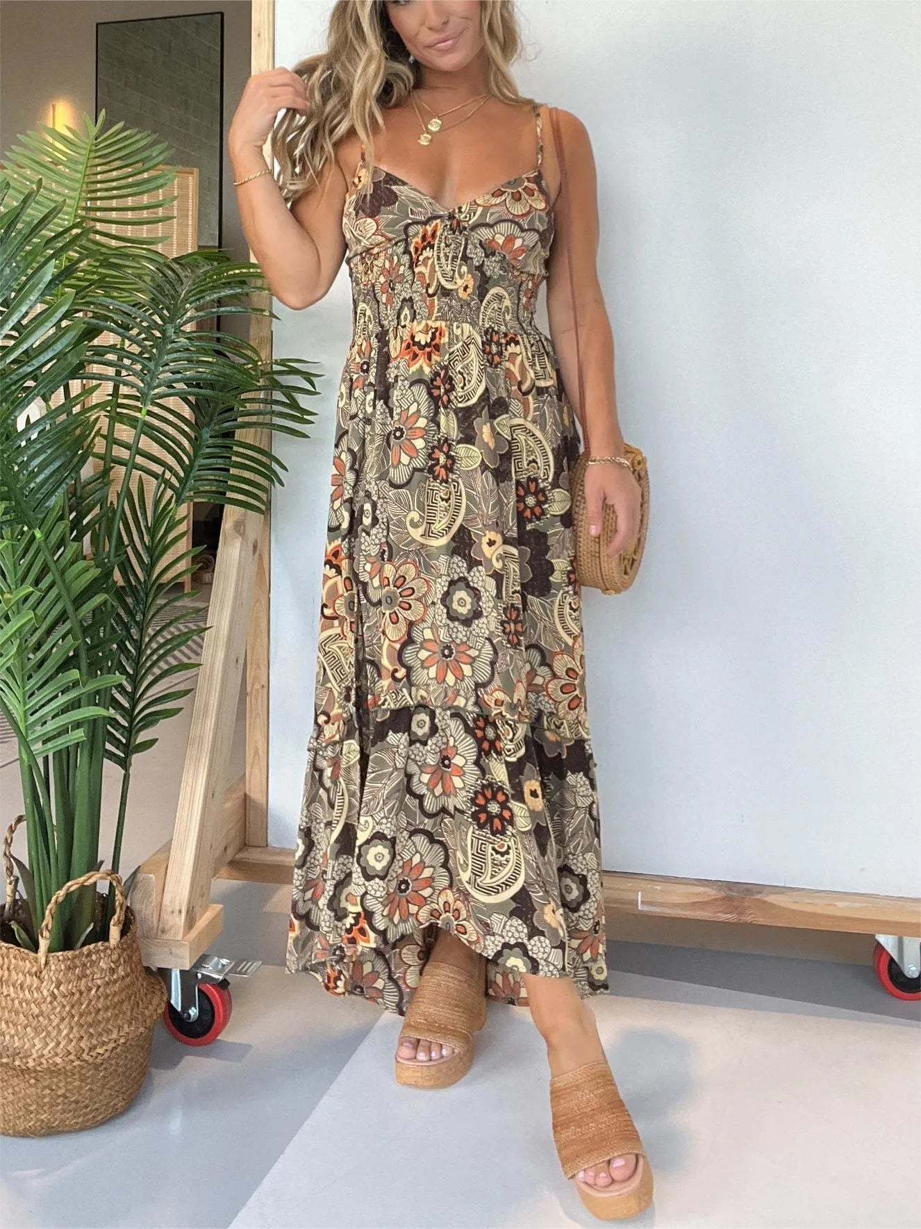 💖Limited Sale 50% OFF💖Women’s Sexy Spaghetti Strap Floral Print Long Dress