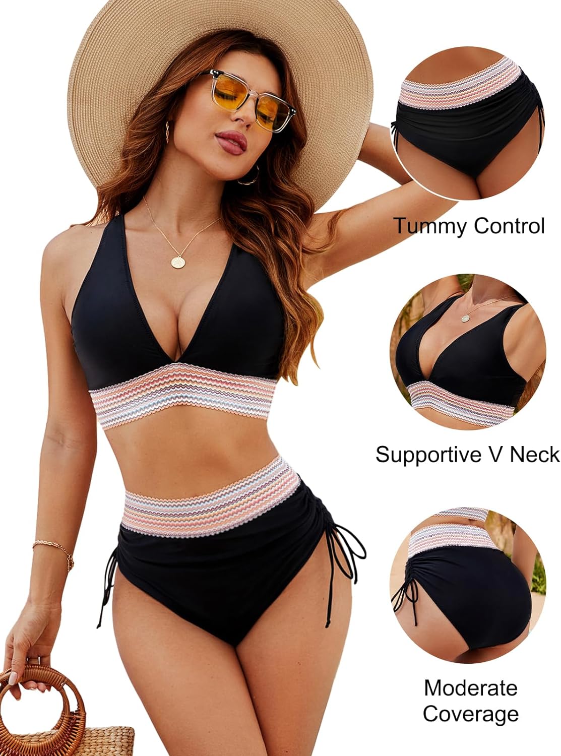 💃Holiday offer 57% OFF💃High Waisted Tummy Control Colour Block Bikini Sets - Flattering & Stylish for Summer Confidence