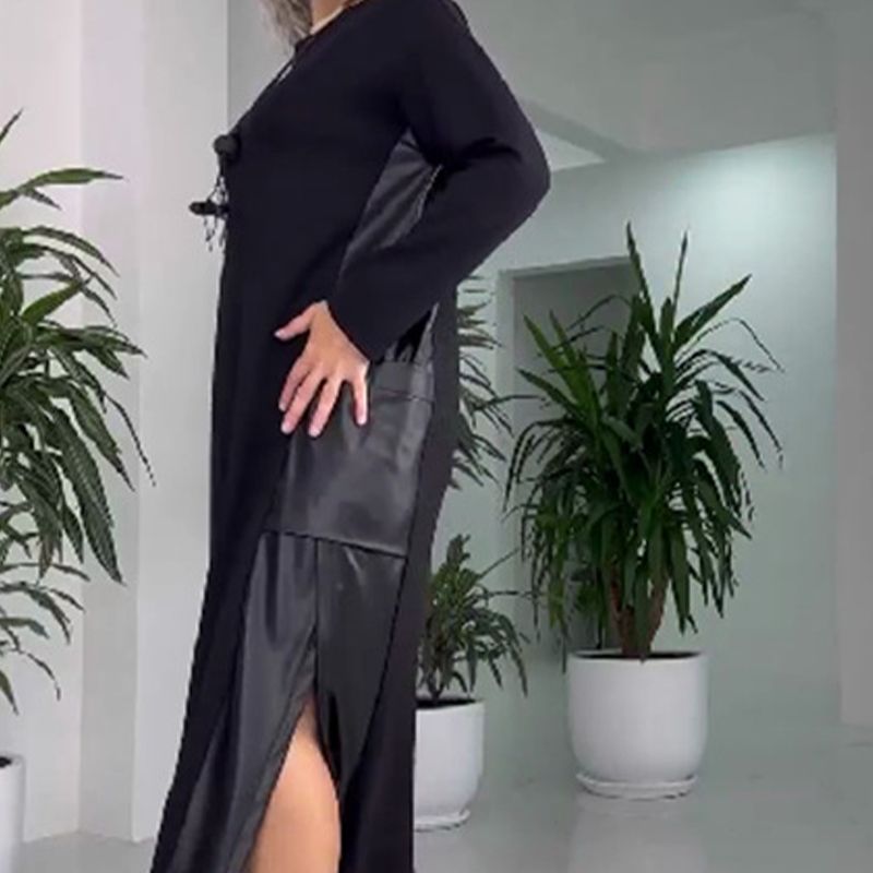 💕Women's Casual Loose Leather Patchwork Dress with Pockets
