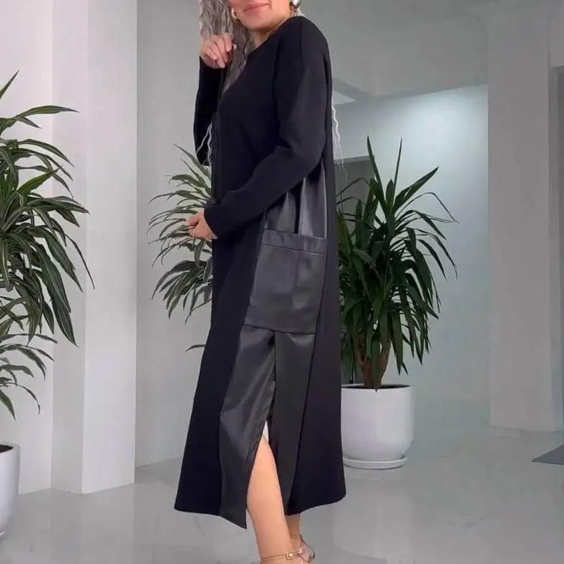 💕Women's Casual Loose Leather Patchwork Dress with Pockets
