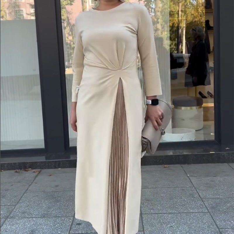 🌈Round Neck Waist Ruched Hem Long Sleeve Dress