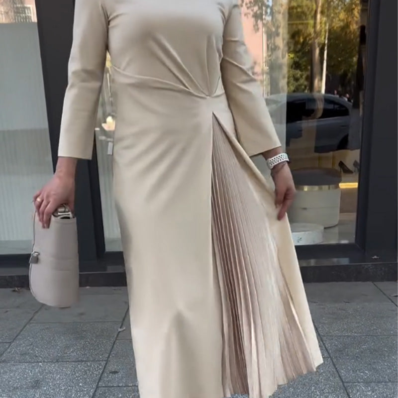 🌈Round Neck Waist Ruched Hem Long Sleeve Dress