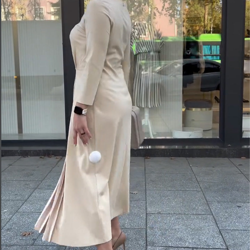 🌈Round Neck Waist Ruched Hem Long Sleeve Dress