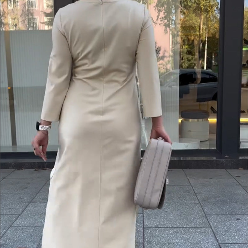 🌈Round Neck Waist Ruched Hem Long Sleeve Dress