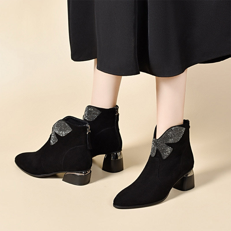 🔥New Year Specials🔥Shiny Bowknot Pointed Toe Chunky Ankle Boots