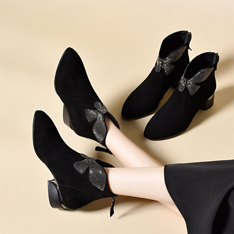 🔥New Year Specials🔥Shiny Bowknot Pointed Toe Chunky Ankle Boots