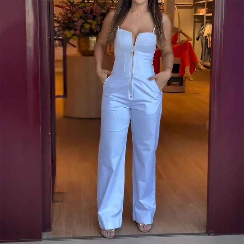 💖Limited Sale 50% OFF💖Women's Slim Sexy Strapless Zipper Pocket Jumpsuit