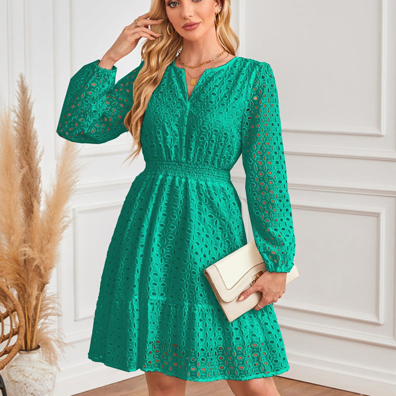 🌸Spring Specials 56% OFF💐 Women's V-Neck Long Sleeve Hollow Out Dress