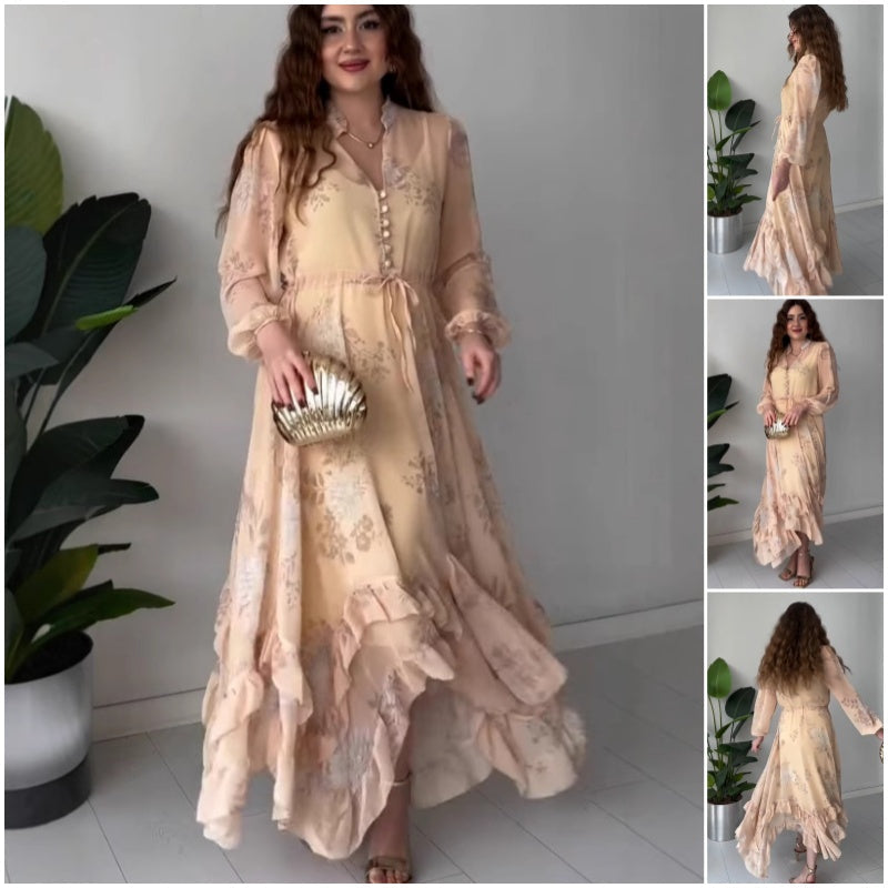 ✨New Products Limited Time Offer✨ Women's Elegant Mesh Long-Sleeve Floral Drawstring Dress