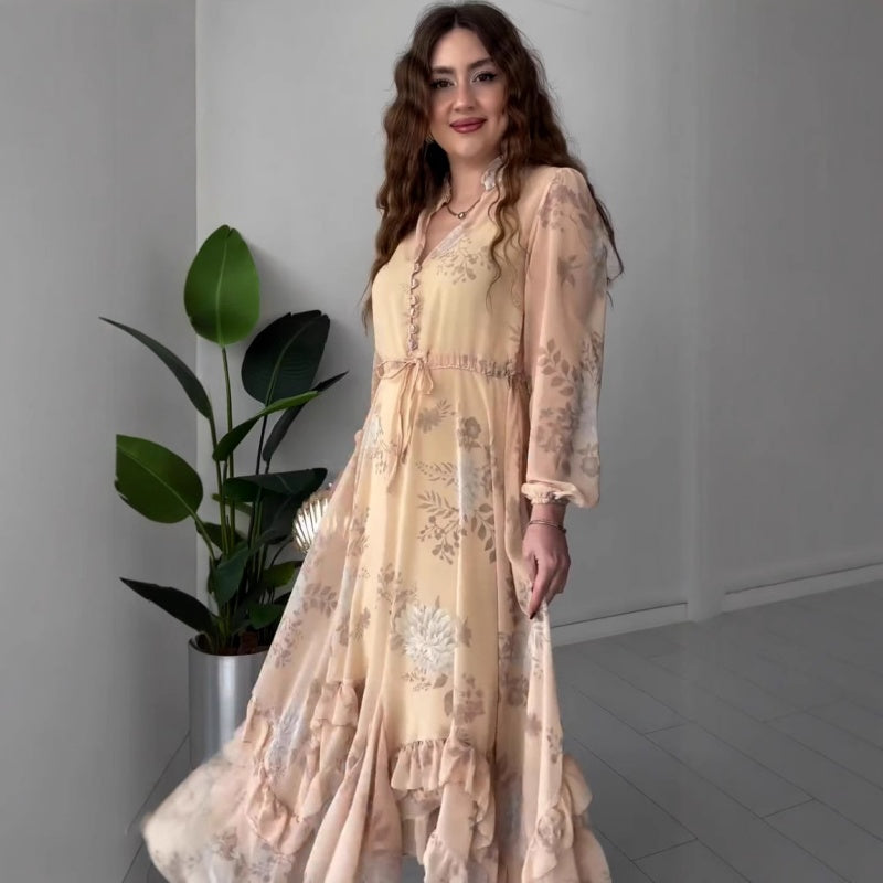 ✨New Products Limited Time Offer✨ Women's Elegant Mesh Long-Sleeve Floral Drawstring Dress