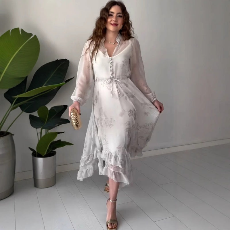 ✨New Products Limited Time Offer✨ Women's Elegant Mesh Long-Sleeve Floral Drawstring Dress