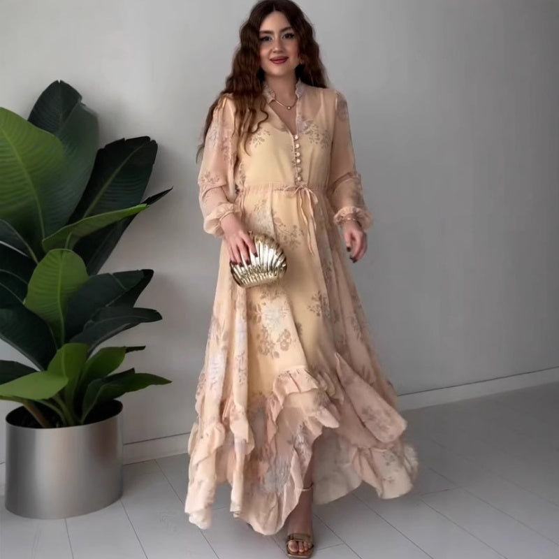 ✨New Products Limited Time Offer✨ Women's Elegant Mesh Long-Sleeve Floral Drawstring Dress