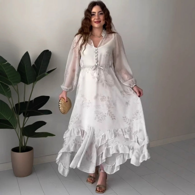 ✨New Products Limited Time Offer✨ Women's Elegant Mesh Long-Sleeve Floral Drawstring Dress