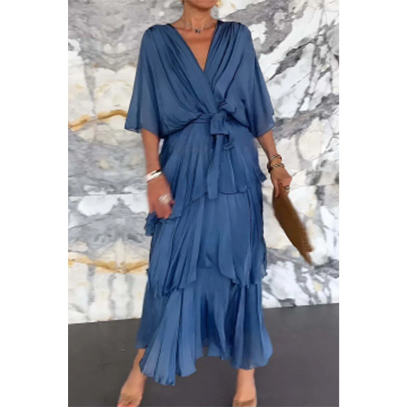 🌸Spring Specials💐 Elegant V-Neck Wrap Waist Tie Layered Dress