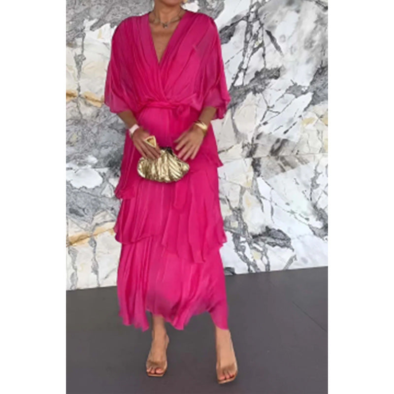 🌸Spring Specials💐 Elegant V-Neck Wrap Waist Tie Layered Dress