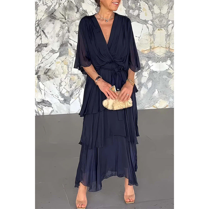 🌸Spring Specials💐 Elegant V-Neck Wrap Waist Tie Layered Dress