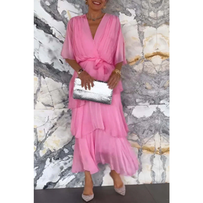 🌸Spring Specials💐 Elegant V-Neck Wrap Waist Tie Layered Dress