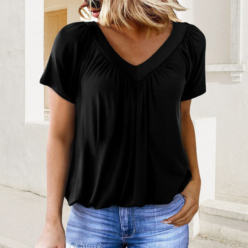 🎁Hot Sale 50% OFF⏳Women's Casual Pleated V-Neck Short-Sleeve Top