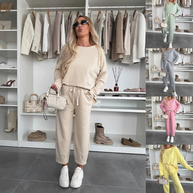 ✨ 2025 The Spring Hot Sale 🧥Solid Color Round Neck Top & Loose Pants 2-PCS👖