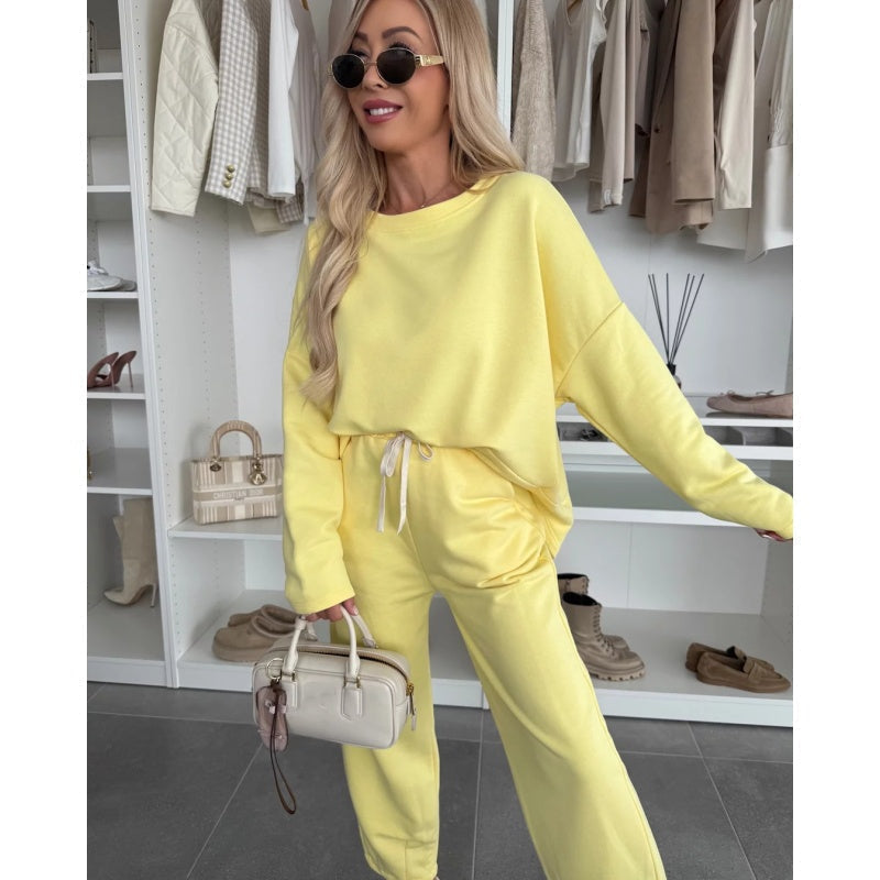 ✨ 2025 The Spring Hot Sale 🧥Solid Color Round Neck Top & Loose Pants 2-PCS👖