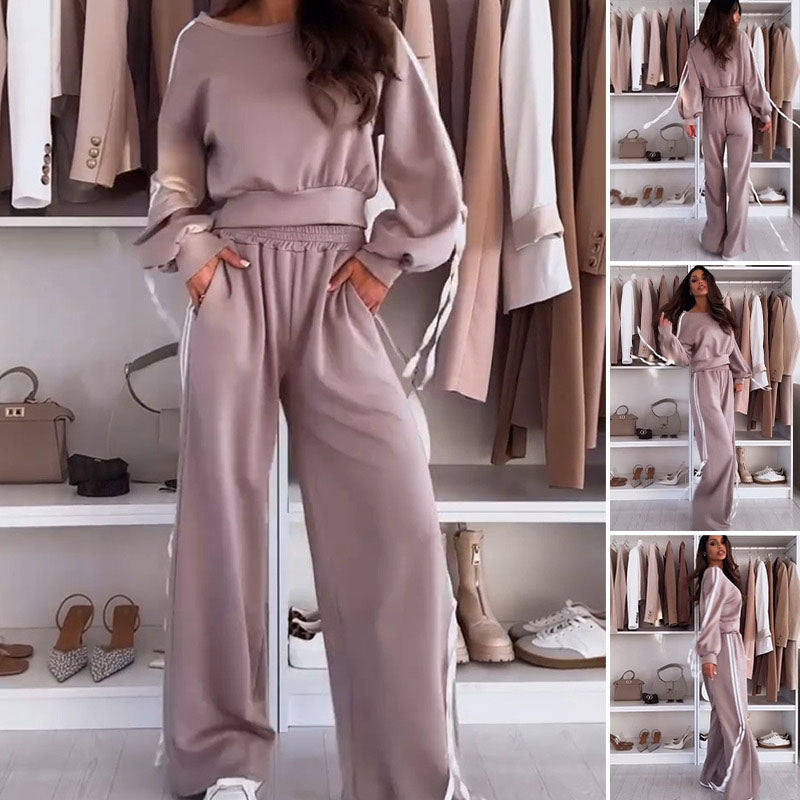 💖2025 Hot Sale💖 Round-Neck Top & Wide-Leg Pants 2-Piece Set