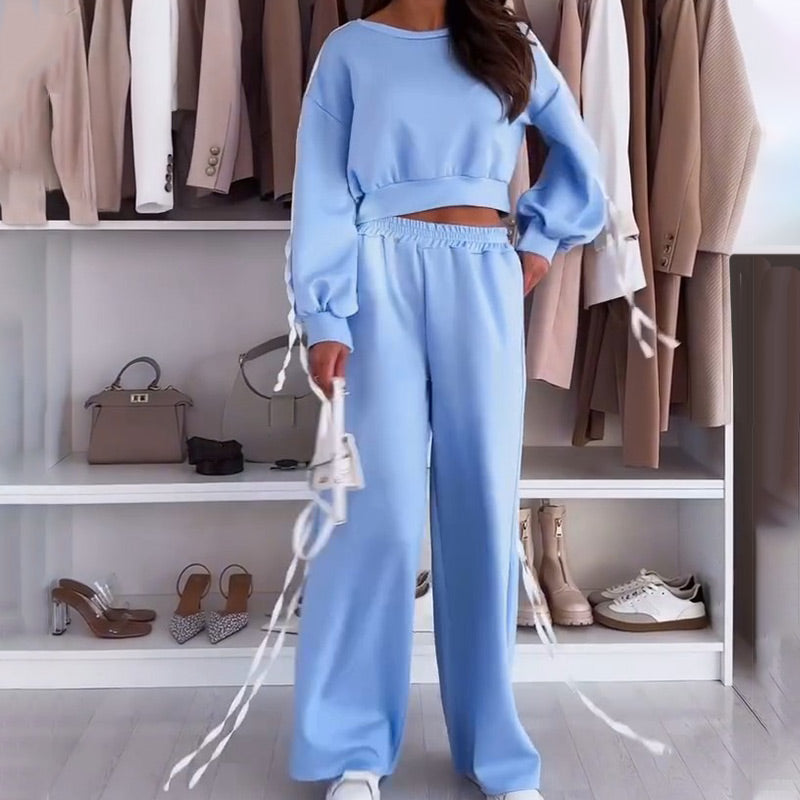 💖2025 Hot Sale💖 Round-Neck Top & Wide-Leg Pants 2-Piece Set