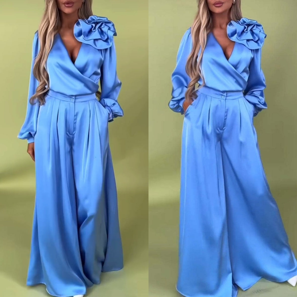 ✈️Free shipping✈️🌸NEW HOT SALE✨ Effortless Elegance! 💃 Women’s V-Neck Top & Wide-Leg Pants 2-Piece Set – Chic & Comfortable! 🌸