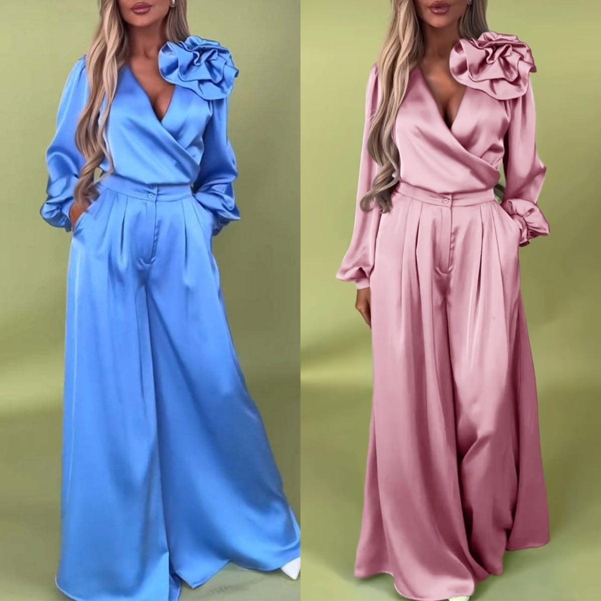 ✈️Free shipping✈️🌸NEW HOT SALE✨ Effortless Elegance! 💃 Women’s V-Neck Top & Wide-Leg Pants 2-Piece Set – Chic & Comfortable! 🌸