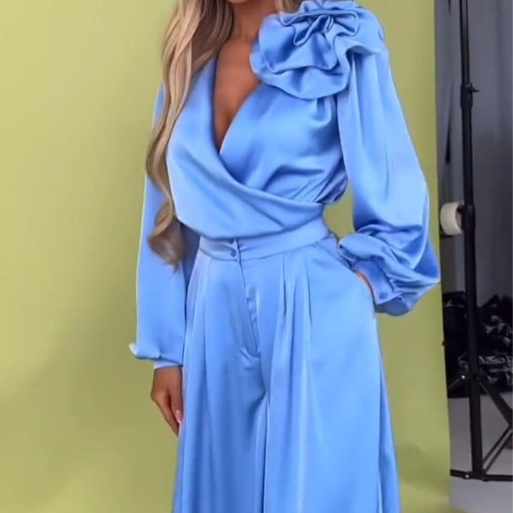 ✈️Free shipping✈️🌸NEW HOT SALE✨ Effortless Elegance! 💃 Women’s V-Neck Top & Wide-Leg Pants 2-Piece Set – Chic & Comfortable! 🌸