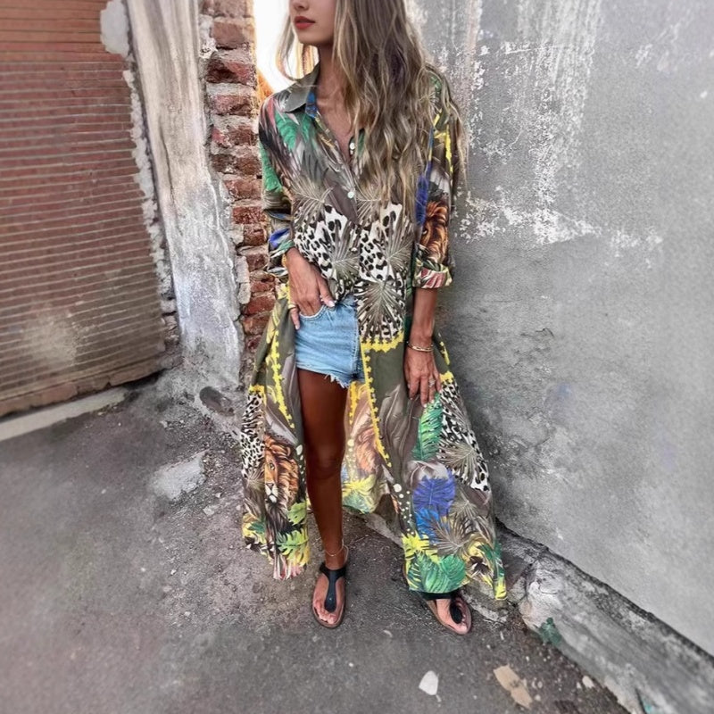 💗Limited Time Half Price Offer💗Printed Long Sleeve Lapel Open-Front Dress(The more you buy, the higher the discount)