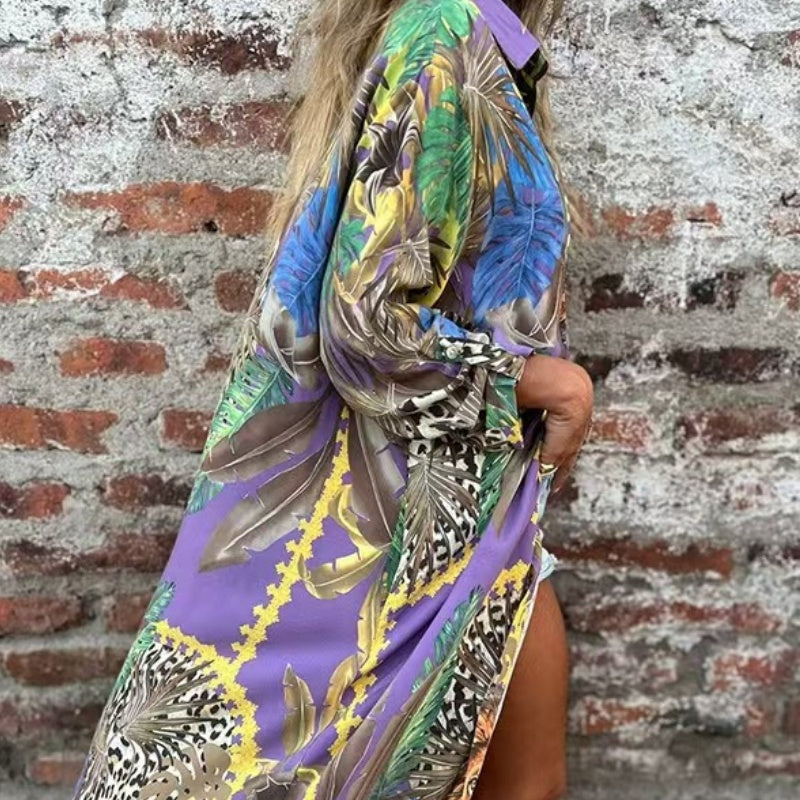 💗Limited Time Half Price Offer💗Printed Long Sleeve Lapel Open-Front Dress(The more you buy, the higher the discount)