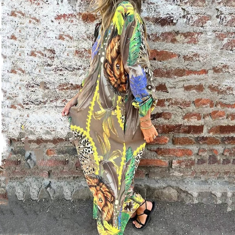💗Limited Time Half Price Offer💗Printed Long Sleeve Lapel Open-Front Dress(The more you buy, the higher the discount)