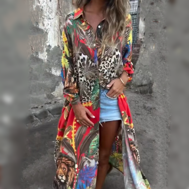 💗Limited Time Half Price Offer💗Printed Long Sleeve Lapel Open-Front Dress(The more you buy, the higher the discount)