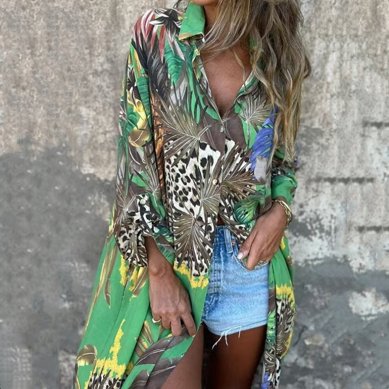 💗Limited Time Half Price Offer💗Printed Long Sleeve Lapel Open-Front Dress(The more you buy, the higher the discount)