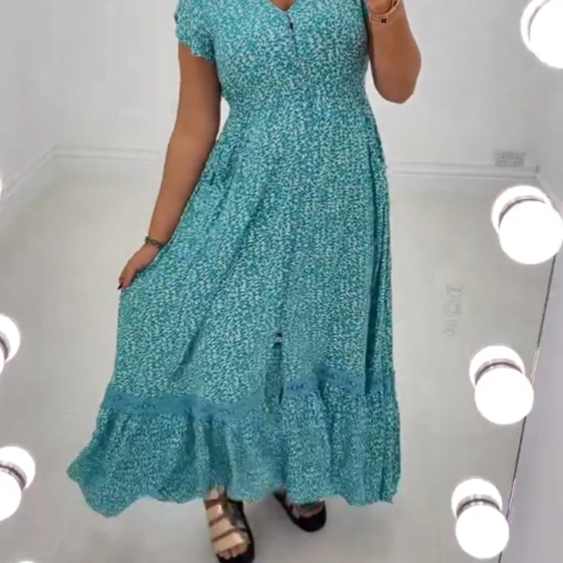 💕2025 HOT SALE 50% OFF💐Women's Blue Leopard Print Short Sleeve V-Neck Dress