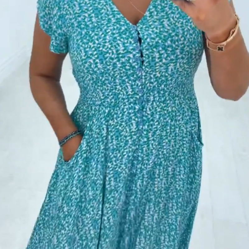 💕2025 HOT SALE 50% OFF💐Women's Blue Leopard Print Short Sleeve V-Neck Dress