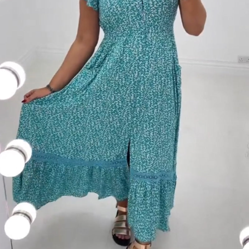 💕2025 HOT SALE 50% OFF💐Women's Blue Leopard Print Short Sleeve V-Neck Dress
