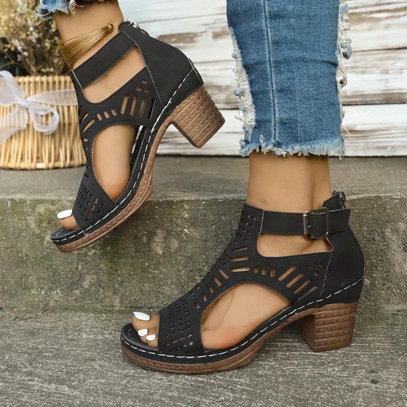 🎁Hot sale 🔥🔥Versatile Hollow Out Mid Heel Open Toe Sandals(50% OFF)