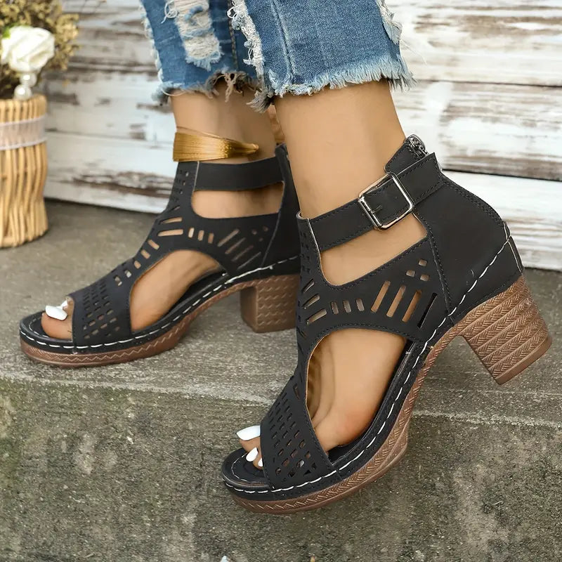 🎁Hot sale 🔥🔥Versatile Hollow Out Mid Heel Open Toe Sandals(50% OFF)