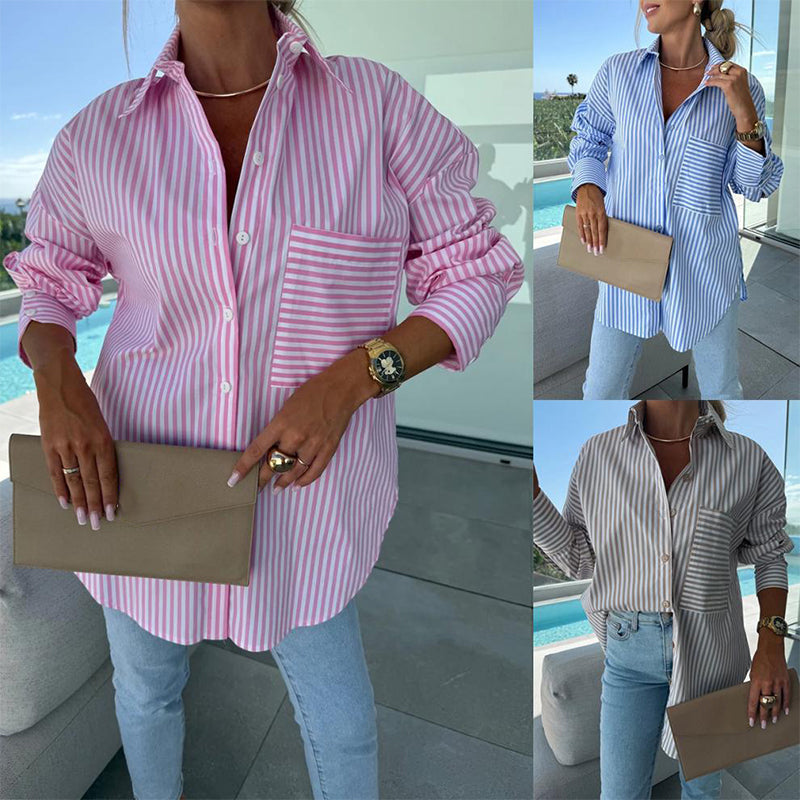 🌸Spring Specials💐 Women's Long Sleeve Casual Striped Loose Mid-Length Shirt