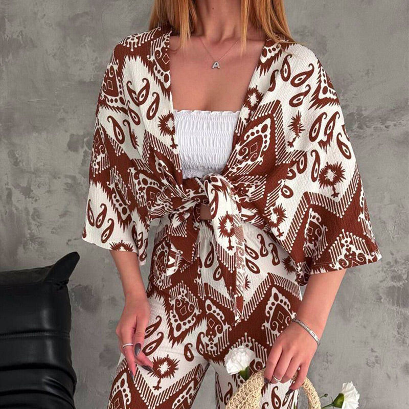 🌸2025 Spring New Arrivals✨ Printed Mid-Sleeve Cardigan & Trendy Wide-Leg Trousers Two-Piece Set