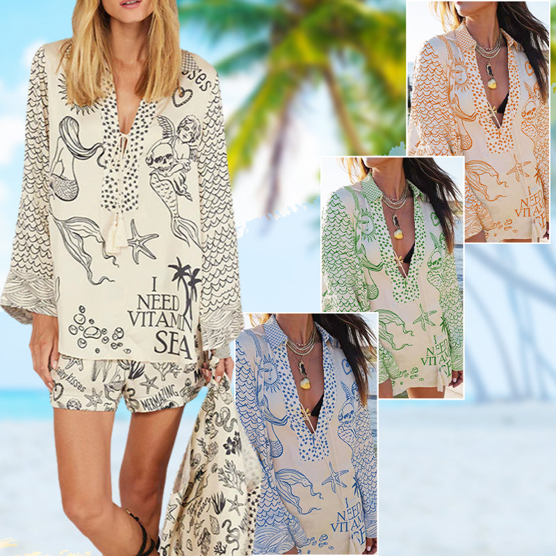 💕2025 HOT SALE 50% OFF💕 Satin Unique Letter Print Tassle Shirt and Elastic Waist Shorts Set
